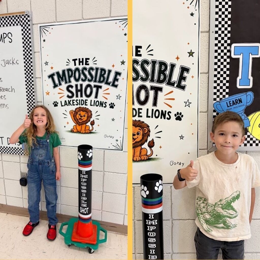 Students stand in front of a sign that says The Impossible Shot Lakeside Lions.