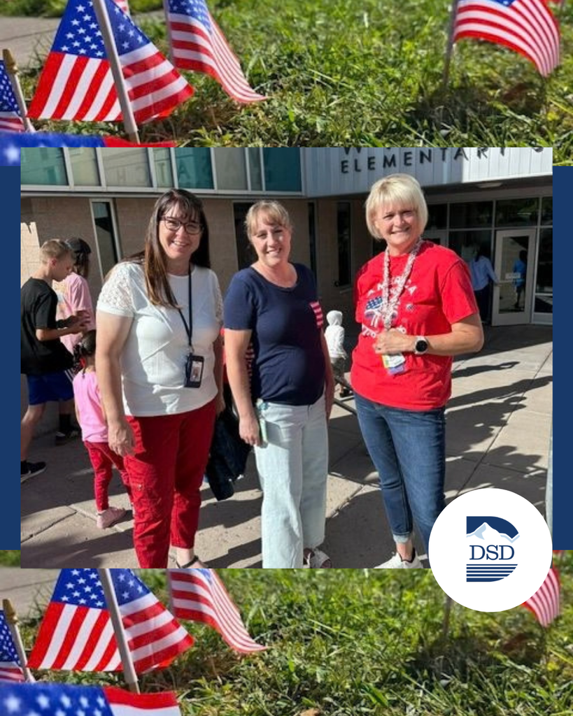 A collage of teachers participating in a 9/11 flag ceremony at school.