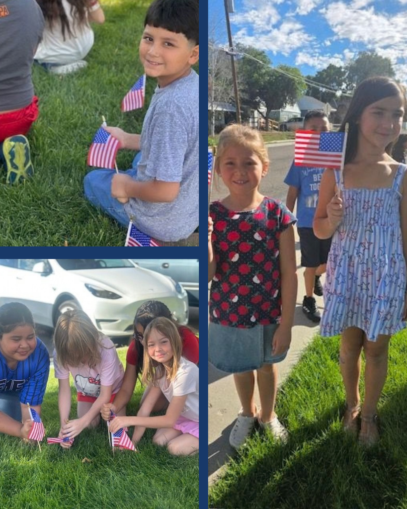A collage of students participating in a 9/11 flag ceremony at school.