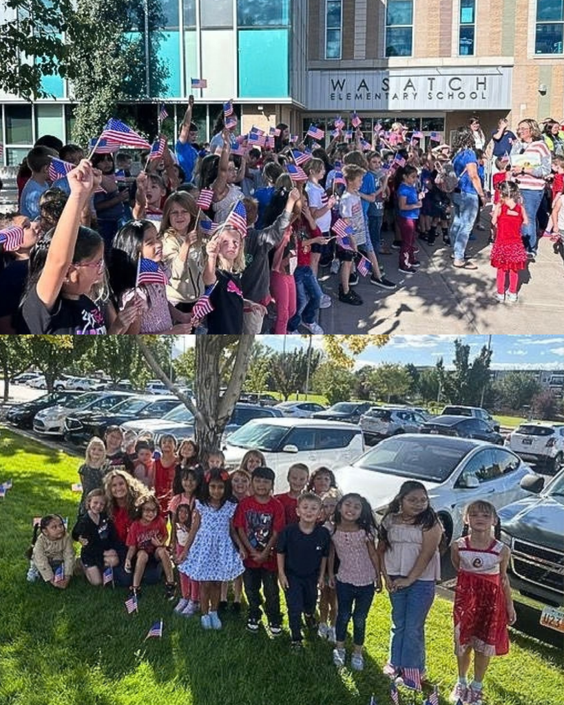 A collage of students participating in a 9/11 flag ceremony at school.