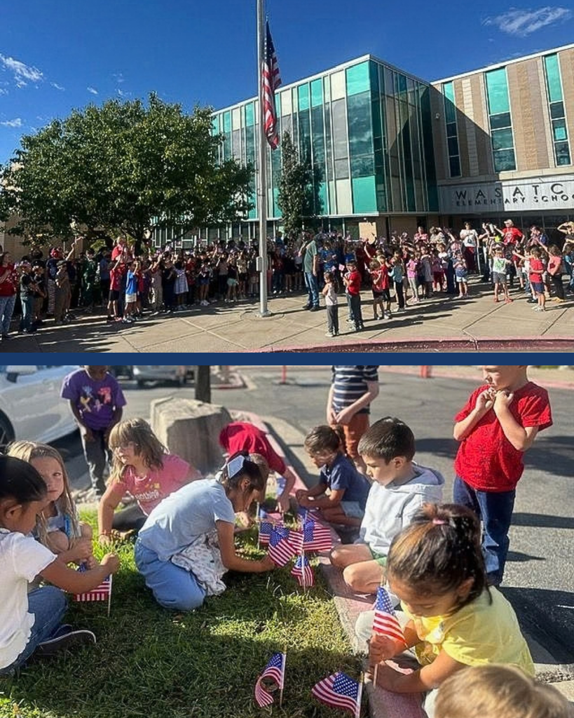 A collage of students participating in a 9/11 flag ceremony at school.