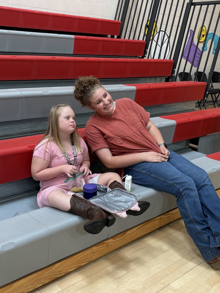 image of two students sitting on the bleachers, one has a lunch box in their lap.