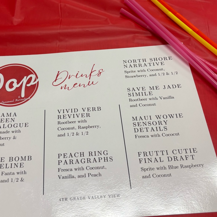 menu for fun writing themed soda drinks