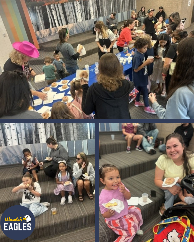 Photo collage from Wasatch Elementary’s Donuts with Grown-Ups event. The top photo shows families and students gathered around a long table covered with a blue tablecloth as volunteers serve donuts and drinks. Students and family members are waiting in line, visiting, and enjoying breakfast together in the school commons area. The bottom left photo shows several students and family members seated on tiered steps, eating donuts and visiting while enjoying the event. The bottom right photo shows a young student seated with a breakfast pastry and drink next to an adult. Backpacks and event attendees are visible throughout the space. A mural of birch trees is displayed along the wall in the background, and the Wasatch Eagles logo appears in the lower-left corner of the collage. The images highlight families gathering together and enjoying the school’s Donuts with Grown-Ups event.