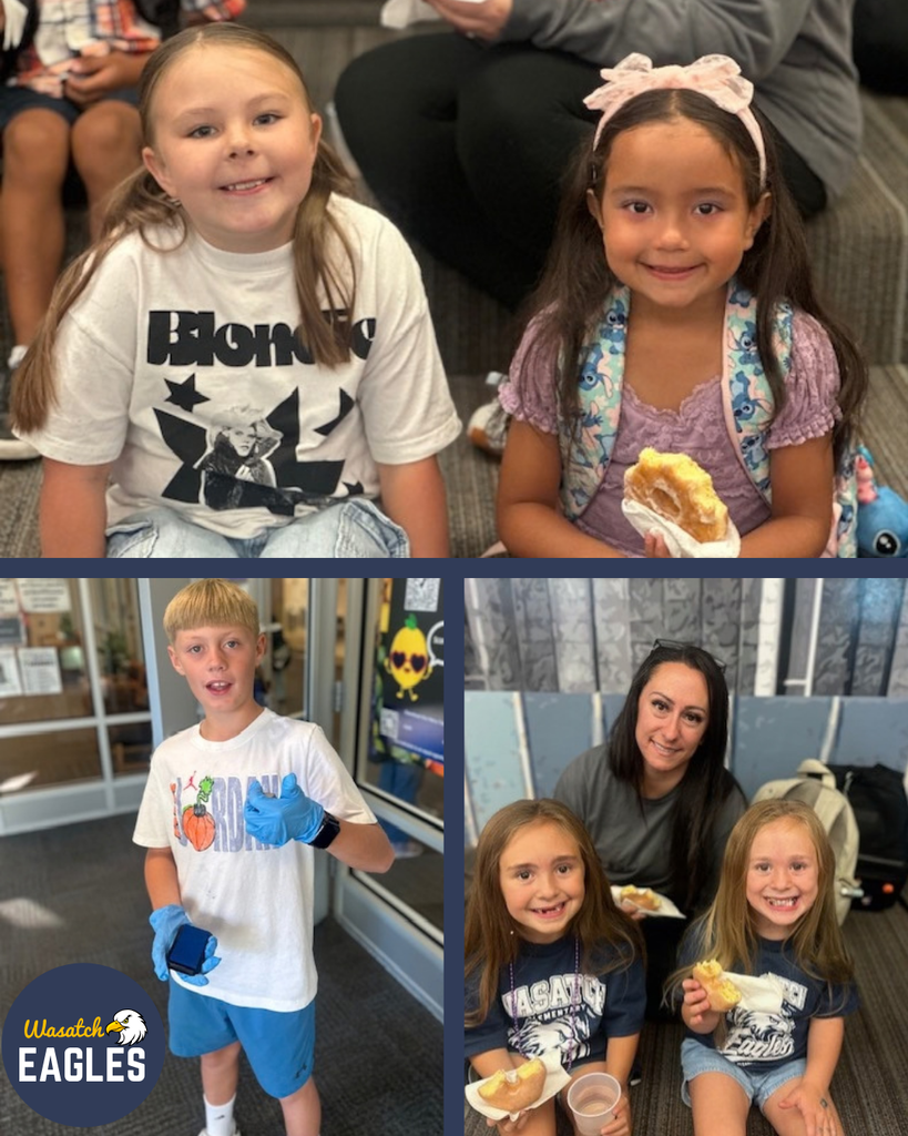 Photo collage from Wasatch Elementary’s Donuts with Grown-Ups event. The top photo shows two elementary students sitting together on the floor, facing the camera. One student is holding a partially eaten donut, and both are wearing backpacks as families gather in the background. The bottom left photo shows a student standing near the school entrance giving a thumbs-up while wearing blue gloves and holding a small item. The bottom right photo shows two students seated with an adult while enjoying donuts and a drink. The Wasatch Eagles logo appears in the lower-left corner. The collage highlights students and families participating in the school’s Donuts with Grown-Ups event.