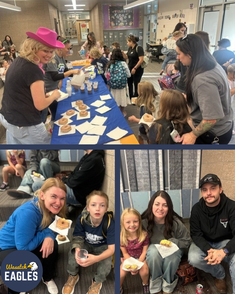 Photo collage from Wasatch Elementary’s Donuts with Grown-Ups event. The top photo shows families gathered in a school commons area as PTA volunteers serve donuts and drinks from a long table covered with a blue tablecloth. Students and family members wait in line and visit together. The bottom left photo shows a student and an adult sitting together enjoying donuts and a drink. The bottom right photo shows a student seated with two family members, each holding breakfast items. A Wasatch Eagles logo appears in the lower-left corner of the collage. The event highlights family involvement and community connection at the school.