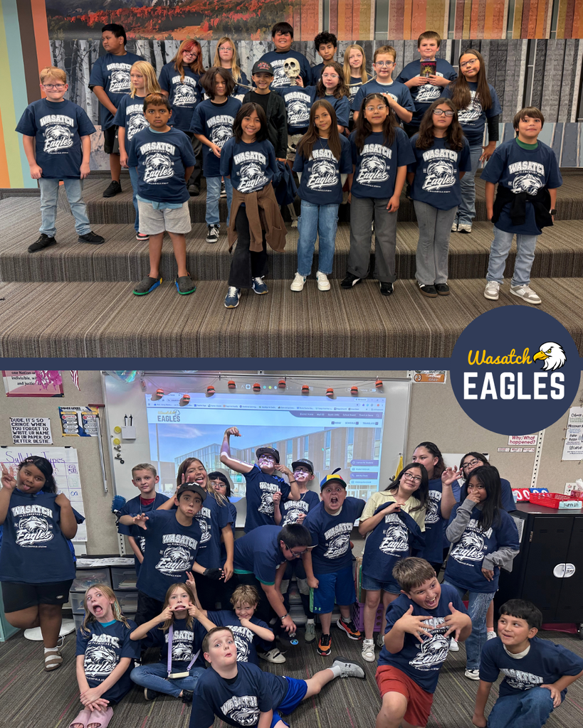 Photo collage featuring Wasatch Elementary students wearing matching navy blue Wasatch Eagles T-shirts. The top photo shows a class group standing on tiered seating in front of a colorful wall mural, posing for a group picture. The bottom photo shows another class gathered in a classroom in front of an interactive display, striking playful poses for the camera. Students are seated, kneeling, and standing throughout the room, with desks, classroom supplies, and technology visible in the background. A Wasatch Eagles logo appears on the right side of the collage. The images highlight school spirit and participation in a school-wide Wasatch Eagles T-shirt day.