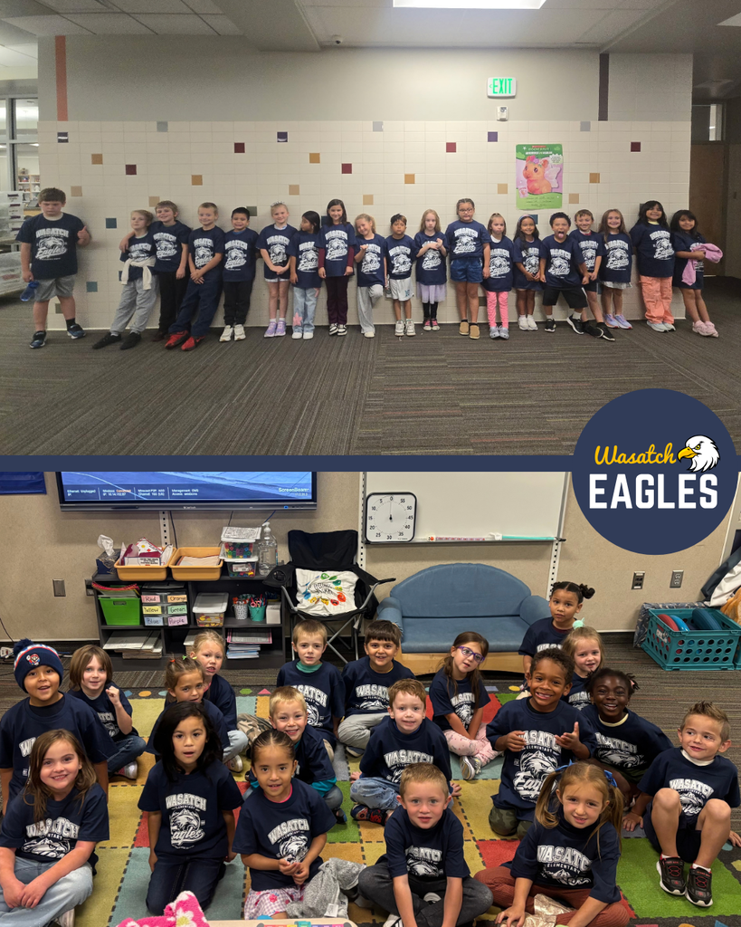 Photo collage featuring two groups of Wasatch Elementary students wearing matching navy blue Wasatch Eagles T-shirts during a school spirit day. The top photo shows a class lined up along a school hallway wall beneath an exit sign and a colorful poster. Students are standing side by side for a group picture. The bottom photo shows another class seated together on a colorful classroom rug. Students are gathered in rows facing the camera, with classroom furniture, a whiteboard, a digital display, shelves, and learning materials visible in the background. The Wasatch Eagles logo appears on the right side of the collage. The images highlight school pride and participation in a Wasatch Eagles spirit day.