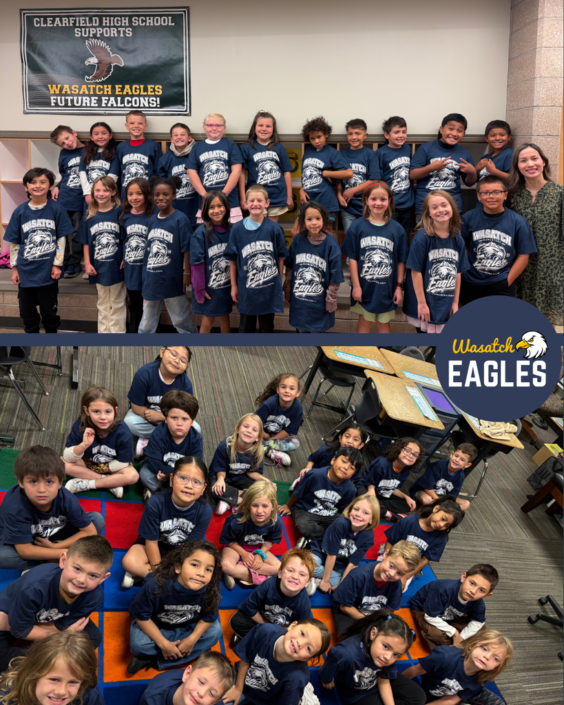 Photo collage featuring two groups of Wasatch Elementary students wearing matching navy blue Wasatch Eagles T-shirts. The top photo shows a class group posed on tiered seating beneath a banner that reads, “Clearfield High School Supports Wasatch Eagles Future Falcons!” A staff member stands at the end of the group. The bottom photo shows another class seated on a colorful classroom rug, looking up toward the camera. Desks, chairs, and classroom materials are visible in the background. A Wasatch Eagles logo appears on the right side of the collage. The images highlight school spirit and student participation in a school-wide T-shirt day.
