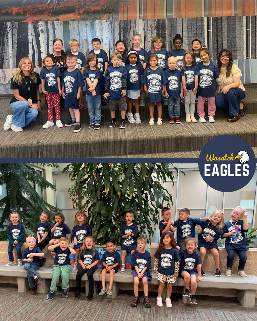 Photo collage featuring two groups of Wasatch Elementary students wearing matching navy blue Wasatch Eagles T-shirts. The top photo shows a class and several staff members standing on tiered seating in front of a mural featuring trees and mountain scenery. Students are arranged in rows for a group picture during a school spirit event. The bottom photo shows a younger group of students seated and standing along a bench inside the school near large indoor plants. Students are wearing matching Wasatch Eagles shirts and posing together for a class picture. The Wasatch Eagles logo appears on the right side of the collage. The images highlight school pride and participation in a Wasatch Eagles spirit day.