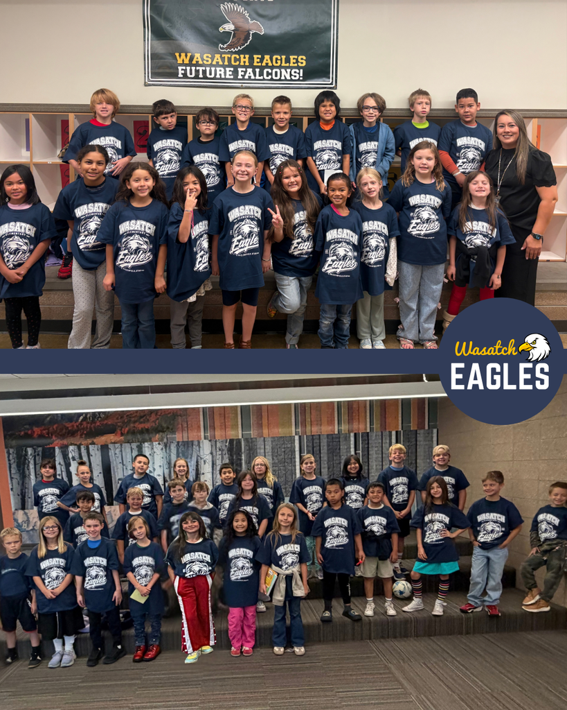 Photo collage featuring two classes of Wasatch Elementary students wearing matching navy blue Wasatch Eagles T-shirts. The top photo shows a class group standing on tiered seating beneath a banner that reads, “Wasatch Eagles Future Falcons!” Students are arranged in rows for a group photo, with a staff member standing at the right side of the group. The bottom photo shows another class gathered on tiered seating in front of a mural featuring trees and mountain scenery. Students are arranged in several rows and wearing matching school spirit shirts. The Wasatch Eagles logo appears on the right side of the collage. The images highlight school pride and participation in a Wasatch Eagles spirit day.