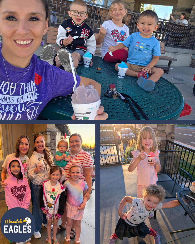 Photo collage from a school spirit night at Zeppe’s Italian Ice & Frozen Custard. The top photo shows several elementary-aged children sitting around a green outdoor table enjoying cups of bright blue Italian ice while another person holds a frozen treat in the foreground. The bottom left photo shows a group of adults and children posing together outside the shop. The bottom right photo shows two children enjoying frozen treats on an outdoor patio during the evening. A Wasatch Eagles logo appears in the lower left corner of the collage. The photos capture families gathering outdoors and participating in a school community event.