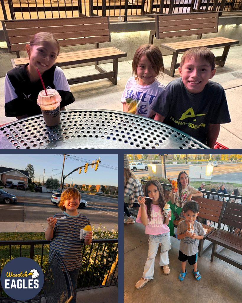 Photo collage from a Wasatch Eagles Spirit Night at Zeppe’s Italian Ice & Frozen Custard. The top photo shows three elementary-aged students seated at an outdoor metal table with frozen treats and drinks. The bottom left photo shows a student standing on the outdoor patio holding a cup of Italian ice during sunset. The bottom right photo shows three students enjoying frozen custard and Italian ice while standing near the patio railing. The Wasatch Eagles logo appears in the lower-left corner. The collage highlights students participating in a school community fundraising event and enjoying treats with friends and family.