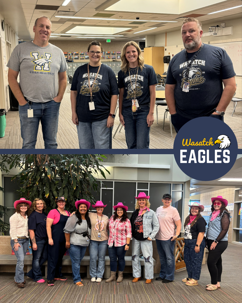 Collage featuring two groups of Wasatch Elementary staff participating in a fun dress-up day. The top photo shows four staff members standing in a school commons area wearing Wasatch Eagles shirts and jeans. The bottom photo shows ten staff members posing in the same area wearing pink cowboy hats, denim, and country-inspired outfits in celebration of a Dolly Parton-themed dress-up day. A Wasatch Eagles logo is placed between the two photos, highlighting the lighthearted "Wasatch Eagles vs. Dolly Partons" theme. The school commons features tables, chairs, plants, and hallway areas in the background.