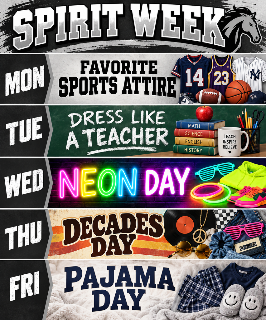 Spirit Week at MJH, September 28 to October 2. Monday is favorite sports attire, Tuesday dress like a teacher, Wednesday is neon day, Thursday is decade day and Friday is comfy pj day.