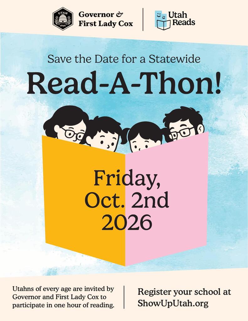 Utah Governor and First Lady Cox Read-A-Thon save-the-date graphic. Illustration of four children peeking over an open book. Text reads: Save the Date for a Statewide Read-A-Thon, Friday, Oct. 2nd, 2026. Includes the Utah state seal and Utah Reads logo.