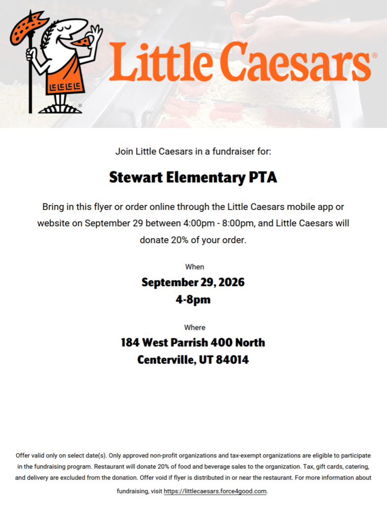 Little Caesars Spirit Night tomorrow 4-8 pm. Be sure to mention Stewart
