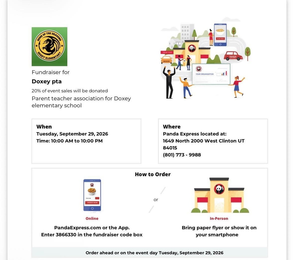 Official Panda Express flyer for a Doxey PTA fundraiser on Tuesday, September 29, 2026, from 10:00 AM to 10:00 PM at 1649 North 2000 West, Clinton, UT. The flyer displays the Doxey Elementary Dragons logo, states that 20% of event sales will be donated to the Doxey PTA, and provides ordering instructions including online fundraiser code 3866330 and an option to show the flyer in-person.