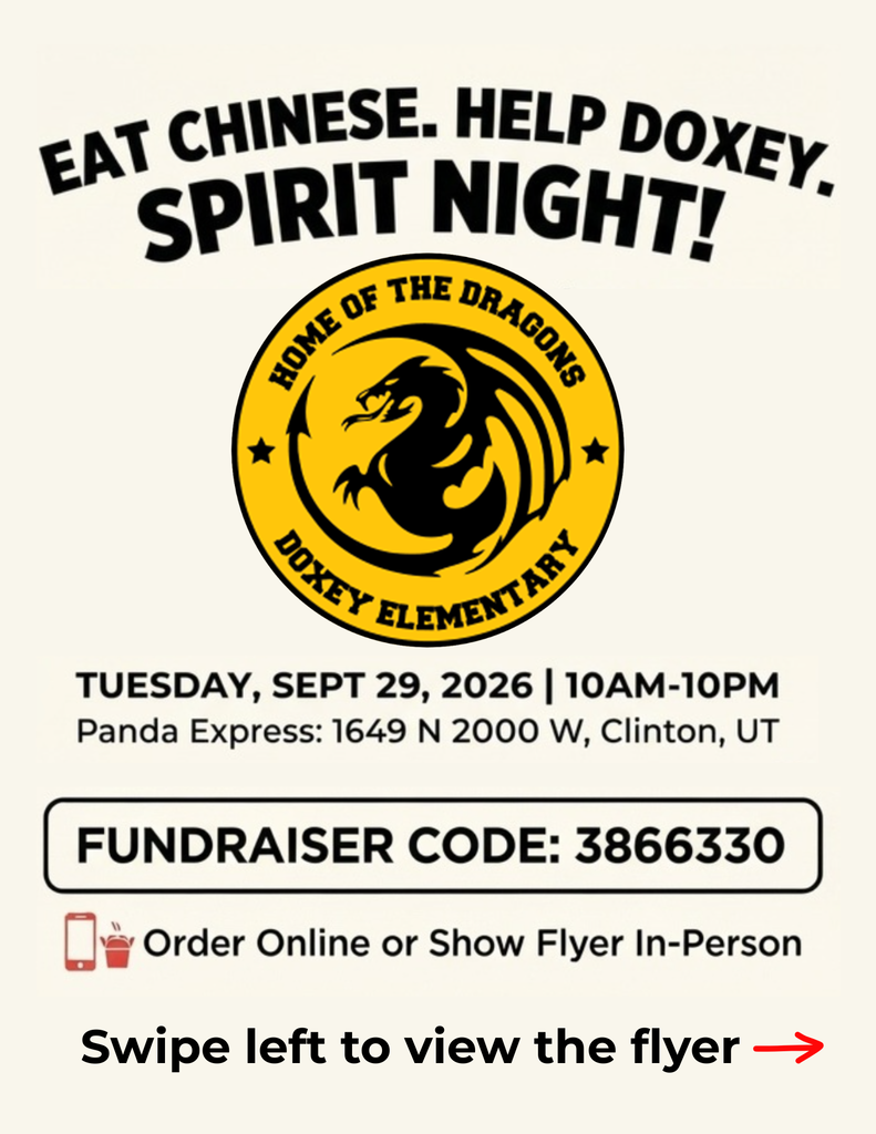 Social media graphic promoting a "Spirit Night" for Doxey Elementary at Panda Express, featuring a central Doxey Dragons mascot logo and fundraiser code 3866330. The event details are: Tuesday, September 29, 2026, from 10 AM to 10 PM at the Clinton, UT location (1649 N 2000 W). The graphic includes ordering instructions for online use or in-person flyer display, and a final prompt to "Swipe left to view the flyer."