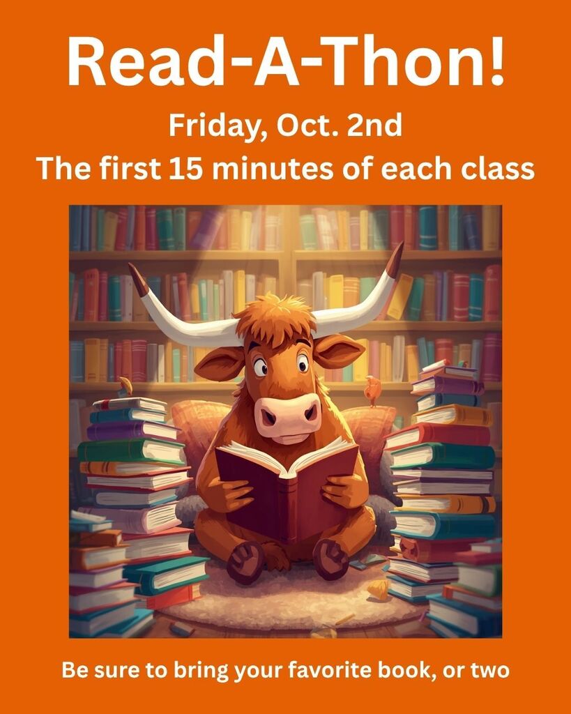 a cartoon longhorn reading a book surrounded by stacks of book