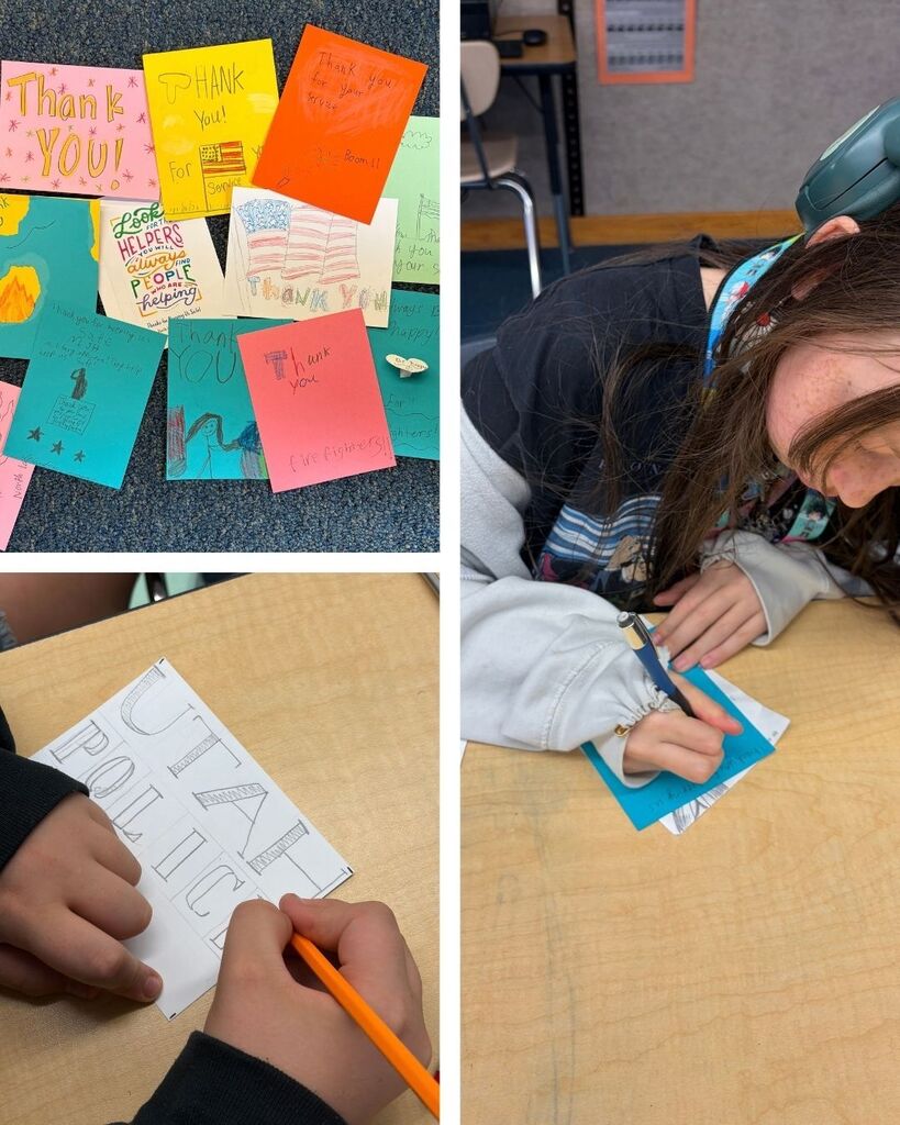 students writing thank you cards to first responders on 9/11