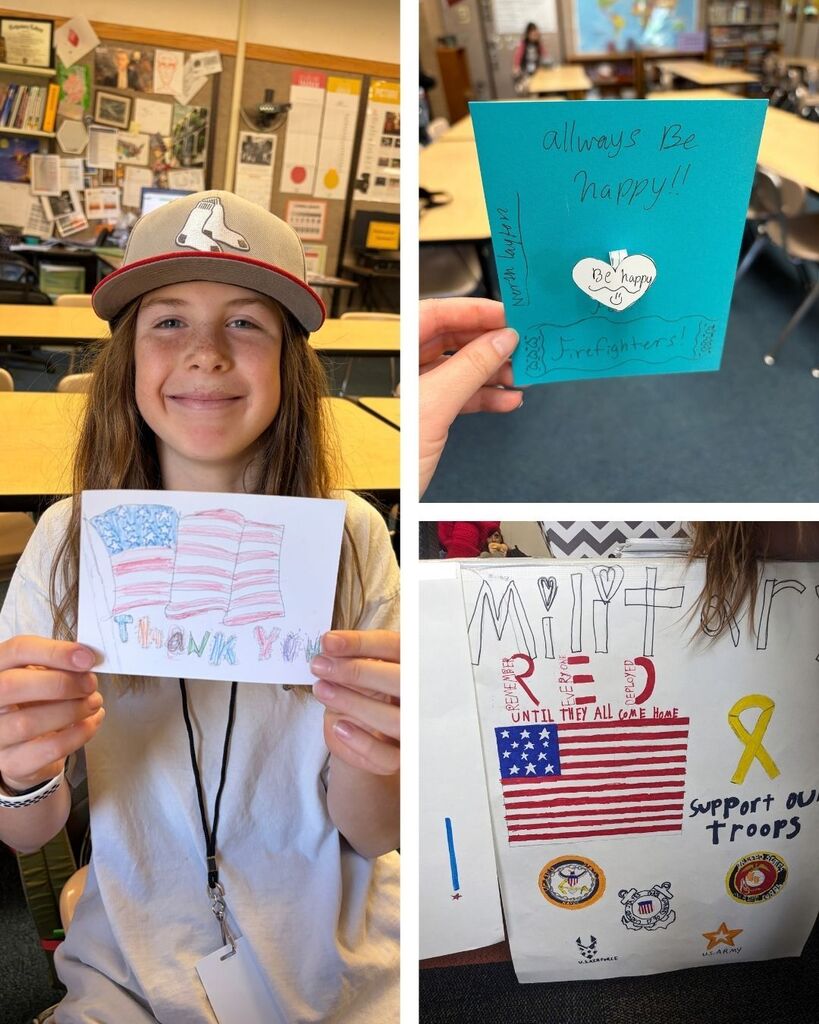 a student shows off a thank you card he wrote to first responders on 9/11