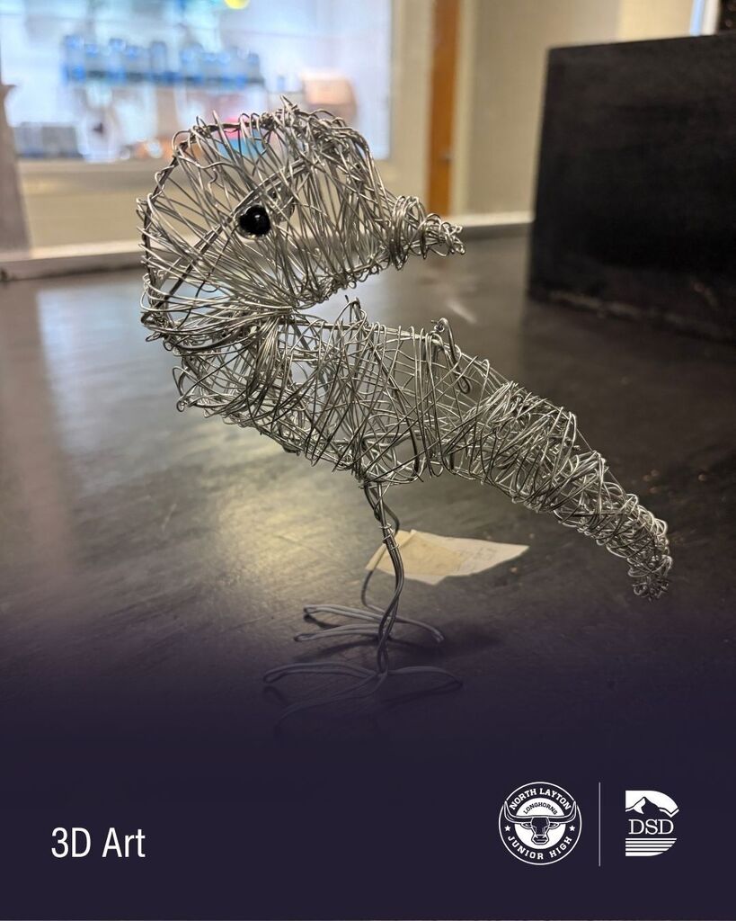 A student piece of art from 3D art class. A bird made of wire