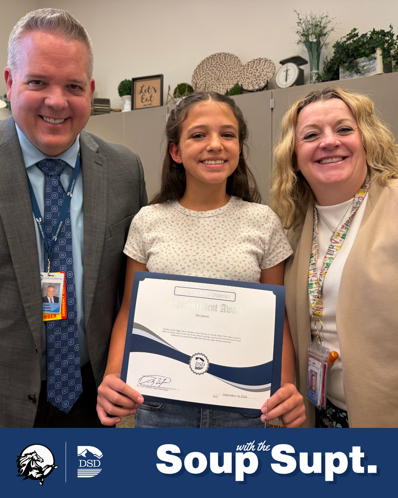 Taylor El logo, DSD logo, Text "Soup with the Supt.", image of superintendent with student and principal
