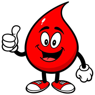 Image of a personified red drop of blood with a smile and giving the camera a thumbs up