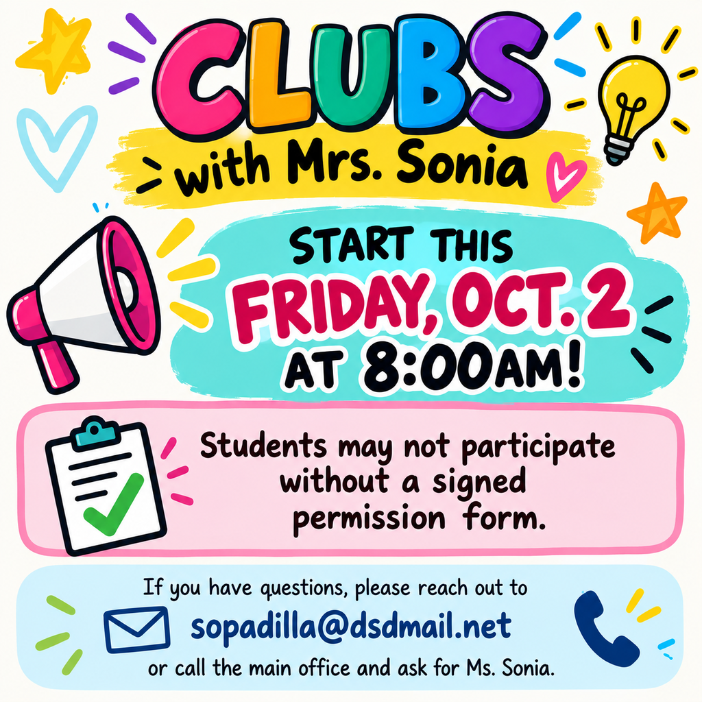 flyer stating that clubs are starting Oct. 2nd @ 8am. Only students with permission slips will be allowed to participate. contact the school if you have any questions.
