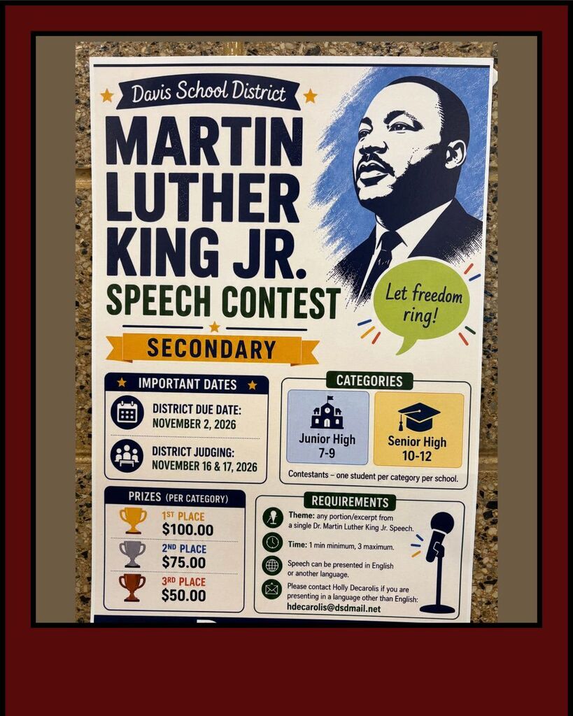 A blue poster with Martin Luther King speech contest. Prizes and dates.