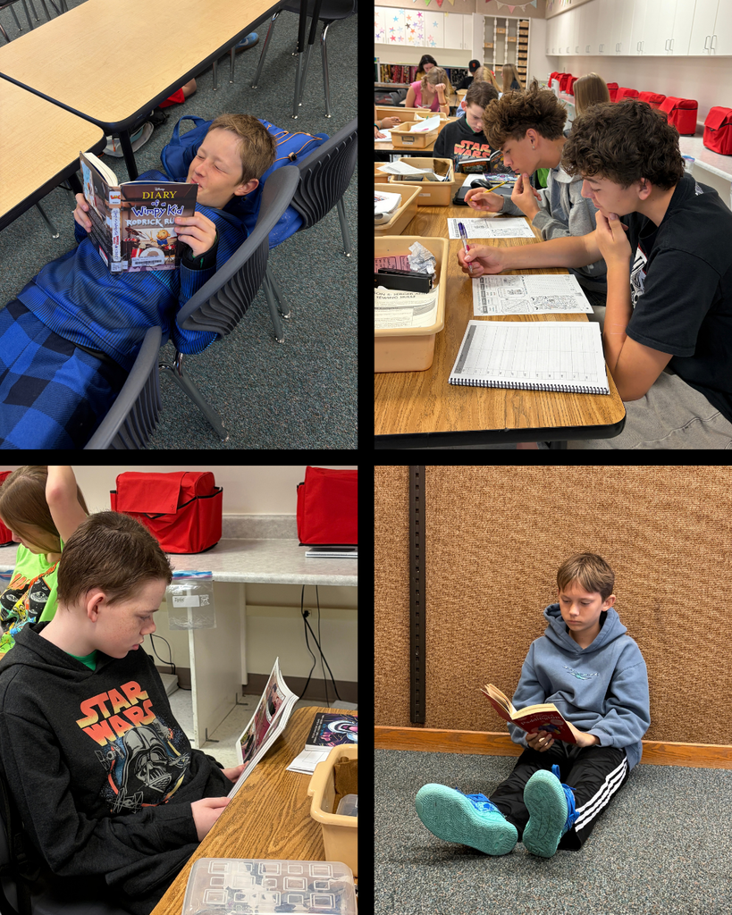 Students sitting in different classroom reading during a read-a-thon