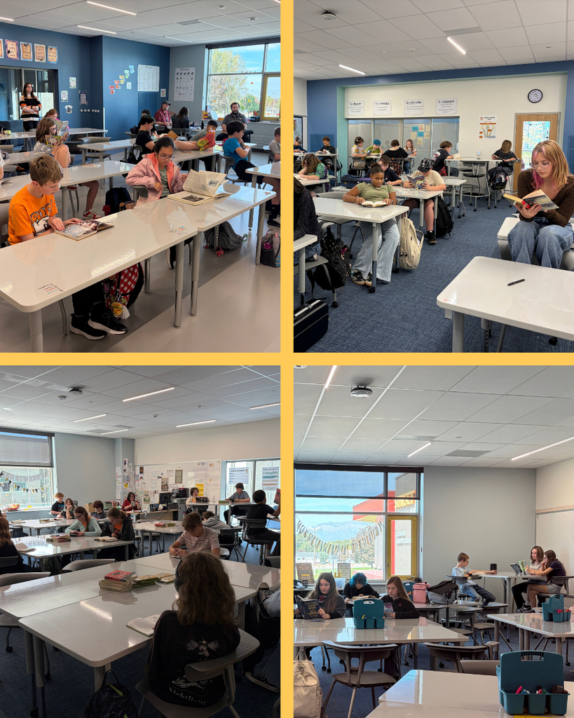Four pictures of students and teachers reading books in classrooms.