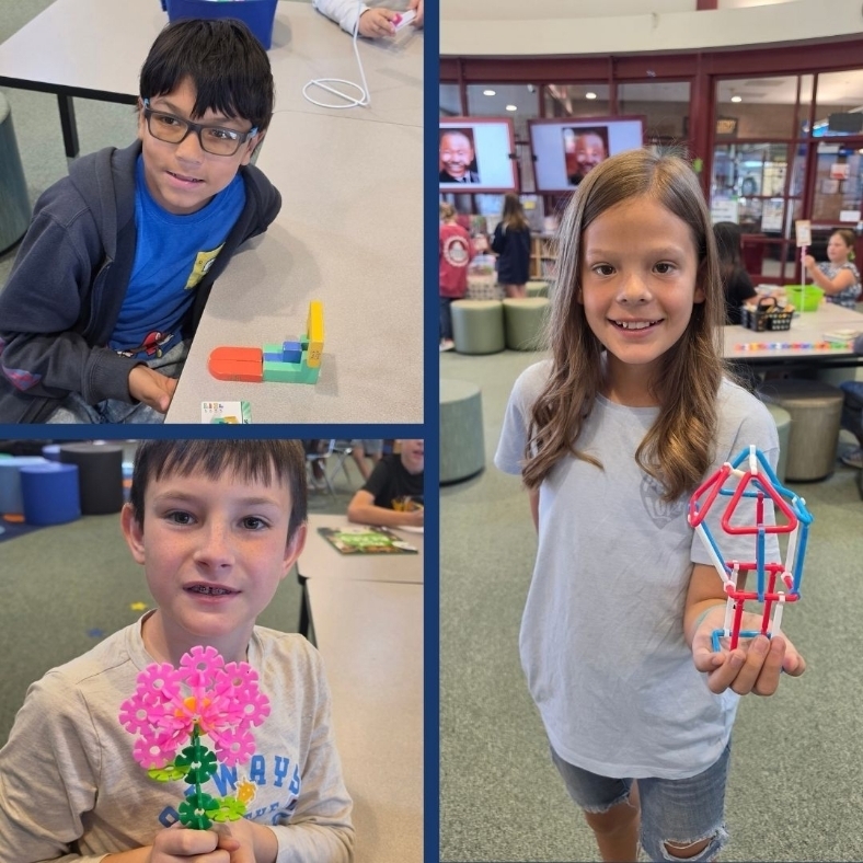 Students play with maker stations in the library