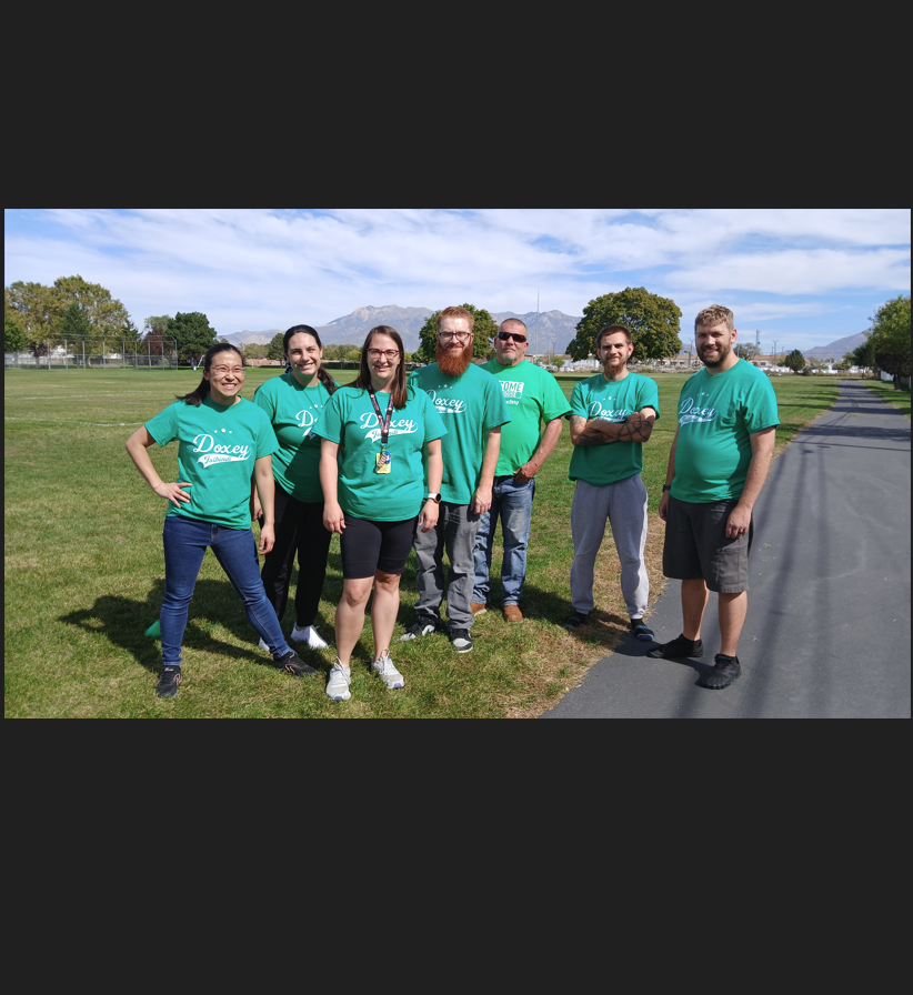 A group of eight adults, all wearing matching green t-shirts with "Doxey" printed on them, stand together on a grassy field. They are smiling and posing for the camera, with a paved path to their right and mountains in the distant background under a partly cloudy sky.
