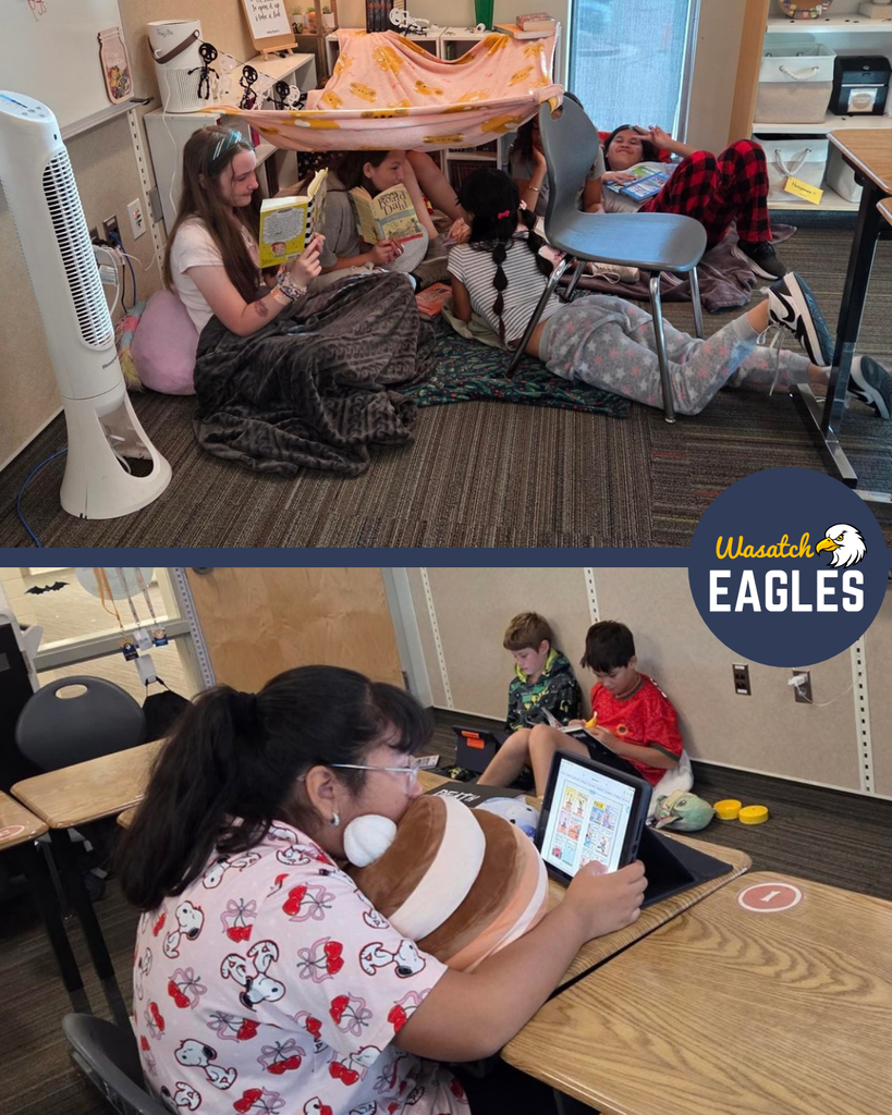 Two photos from Wasatch Elementary’s Utah Reads Read-A-Thon. In the top photo, students have created a cozy reading fort using blankets draped over chairs. Several students sit and lie on blankets and pillows while reading books inside and around the fort. In the bottom photo, a student reads a digital book on a tablet while hugging a large stuffed animal at a desk, while other students read independently around the classroom. A Wasatch Eagles logo appears between the two photos.