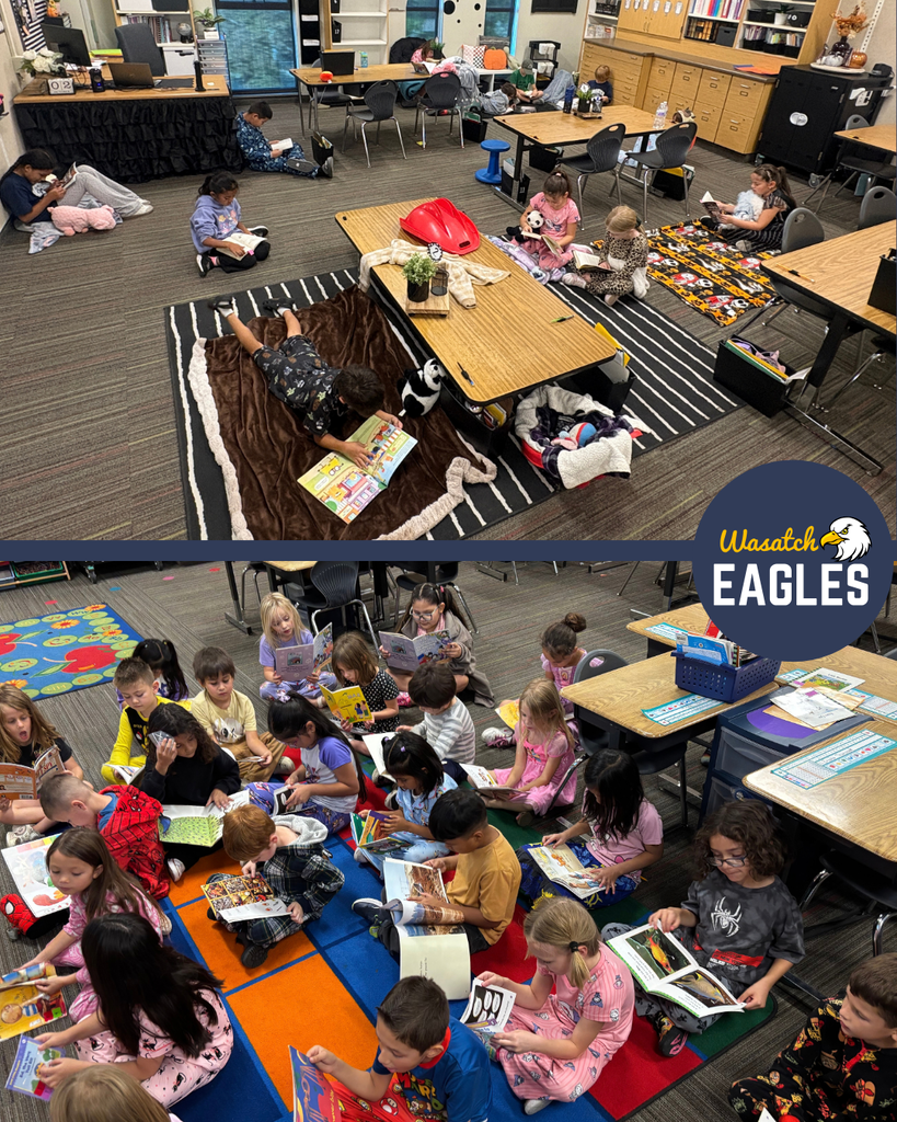 Two photos from Wasatch Elementary’s Utah Reads Read-A-Thon. In the top photo, students wearing pajamas and wrapped in blankets are spread throughout the classroom reading books independently. Some students read on the floor with pillows and blankets, while others gather in a cozy reading area near the front of the room. In the bottom photo, students read books and digital texts while relaxing in flexible seating, including rocking chairs and floor seats, creating a comfortable reading environment. A Wasatch Eagles logo appears between the two photos.