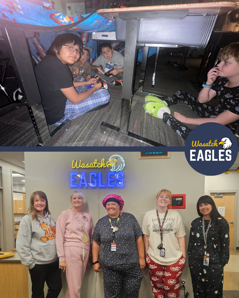 Two photos from Wasatch Elementary’s Utah Reads Read-A-Thon. In the top photo, students wearing pajamas sit under desks covered with blankets to create a cozy reading fort in a dimly lit classroom. Several students hold books while reading together inside the fort. In the bottom photo, five staff members wearing pajamas pose beneath a glowing “Wasatch Eagles” sign in the school office area to celebrate the statewide reading event. A Wasatch Eagles logo appears between the two photos.