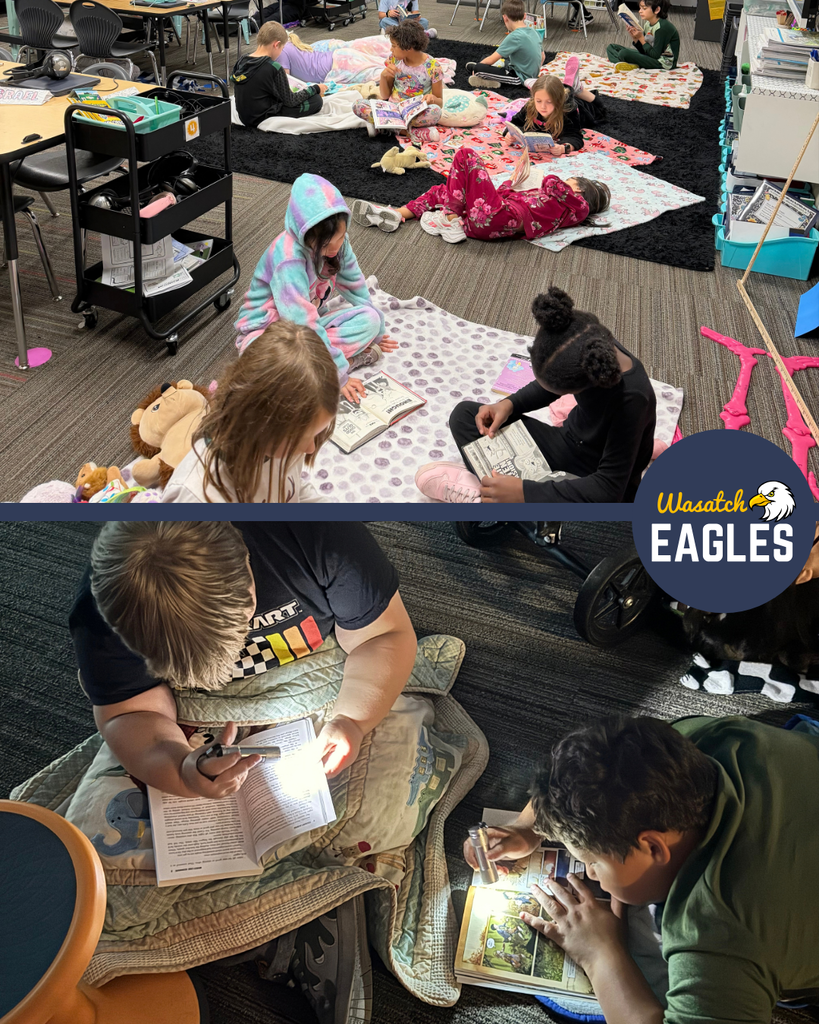 Two photos from Wasatch Elementary’s Utah Reads Read-A-Thon. In the top photo, students in pajamas relax on blankets and rugs spread across the classroom floor while reading independently. Stuffed animals, pillows, and books are scattered throughout the cozy reading spaces. In the bottom photo, two students read books by flashlight while sitting on blankets in a dimly lit classroom. A Wasatch Eagles logo appears between the two photos.