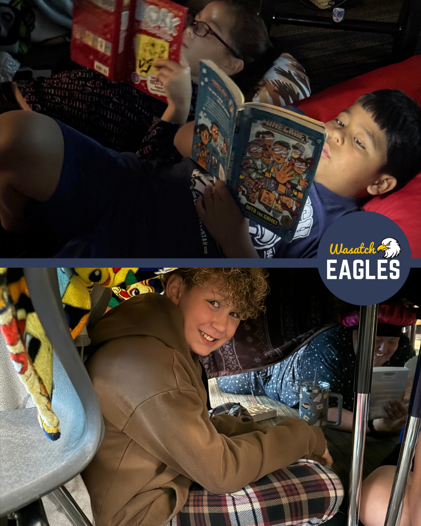 Two photos from Wasatch Elementary’s Utah Reads Read-A-Thon. In the top photo, two students relax on cushions in a dimly lit classroom while reading chapter books independently. In the bottom photo, students gather inside a reading fort made from chairs and blankets, creating a cozy space for reading. One student sits near the entrance of the fort with books and blankets, while other readers are visible inside. A Wasatch Eagles logo appears between the two photos.