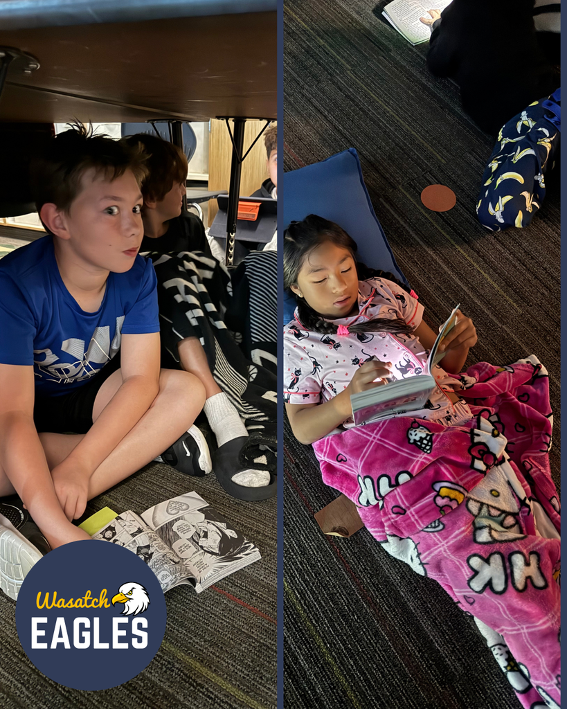 Side-by-side photos from Wasatch Elementary’s Utah Reads Read-A-Thon. In the left photo, several students sit under a table that has been turned into a cozy reading fort with blankets, while reading books together on the classroom floor. In the right photo, a student lies on a pillow wrapped in a pink blanket and reads a book independently on the classroom carpet. A Wasatch Eagles logo appears in the lower-left corner of the collage.