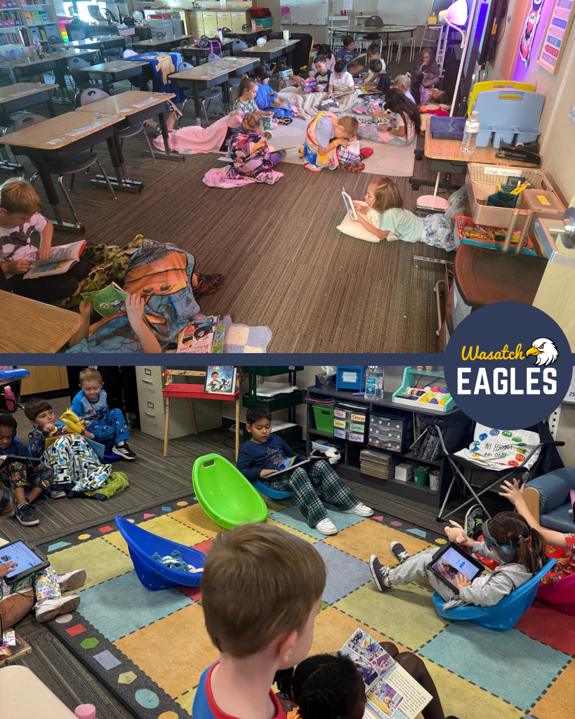Two photos from Wasatch Elementary’s Utah Reads Read-A-Thon. In the top photo, students wearing pajamas and wrapped in blankets are spread throughout the classroom reading books independently. Some students read on the floor with pillows and blankets, while others gather in a cozy reading area near the front of the room. In the bottom photo, students read books and digital texts while relaxing in flexible seating, including rocking chairs and floor seats, creating a comfortable reading environment. A Wasatch Eagles logo appears between the two photos.