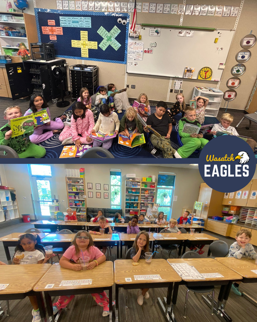 Two photos from Wasatch Elementary's participation in the Utah Reads Statewide Read-A-Thon. In the top photo, students wearing pajamas sit together on a classroom rug with blankets and pillows while reading books. In the bottom photo, students sit at their desks enjoying snacks and drinks during the reading event. The classroom includes bookshelves, learning displays, and reading materials, and a Wasatch Eagles logo appears between the two photos.