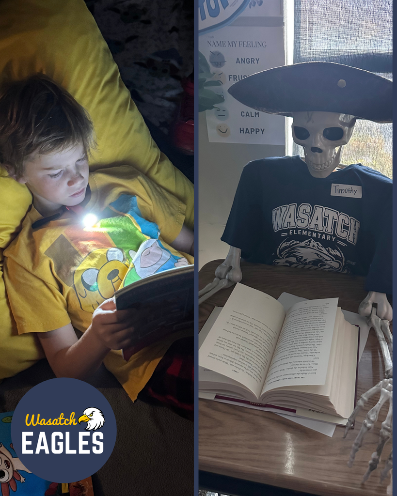 Two photos from Wasatch Elementary’s Utah Reads Read-A-Thon. In the top photo, two students relax on cushions in a dimly lit classroom while reading chapter books independently. In the bottom photo, students gather inside a reading fort made from chairs and blankets, creating a cozy space for reading. One student sits near the entrance of the fort with books and blankets, while other readers are visible inside. A Wasatch Eagles logo appears between the two photos.