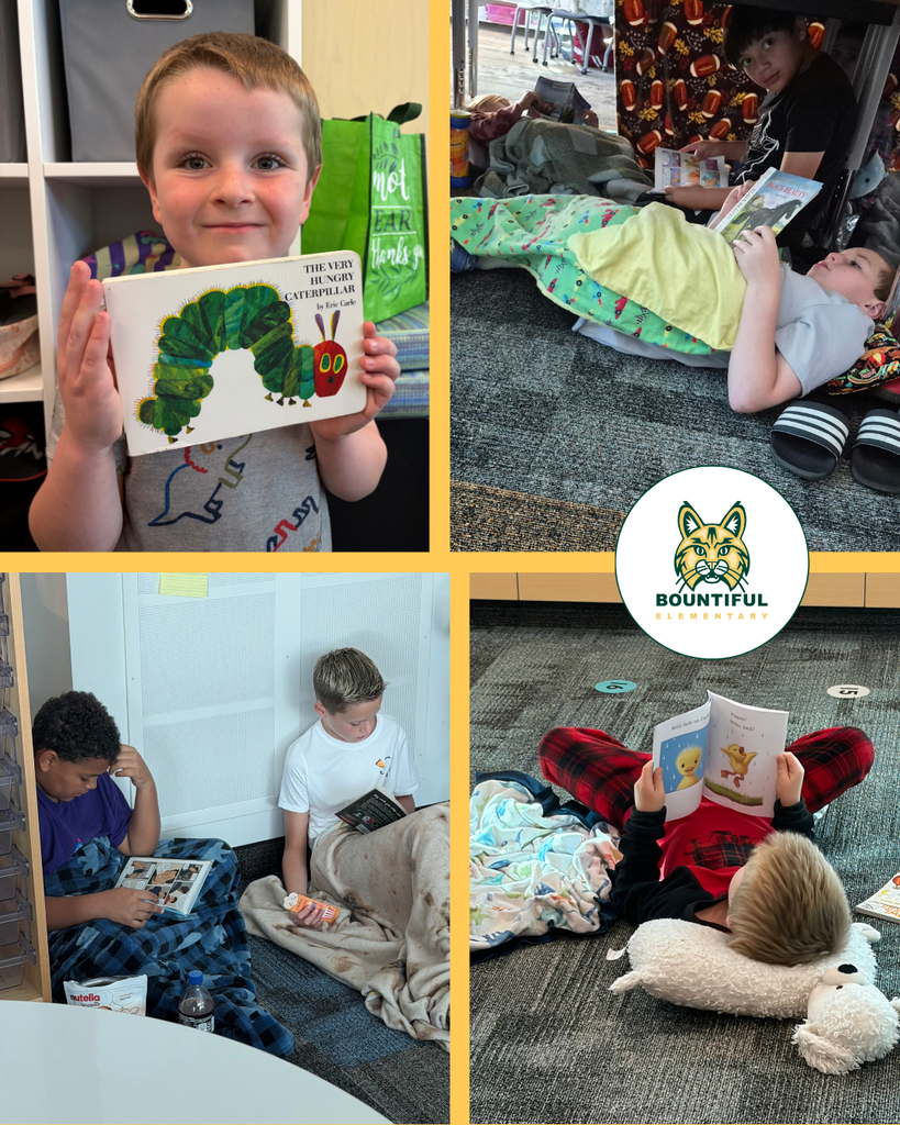 Bountiful Elementary Bobcats read books in comfortable classroom spots during Utah Reads, including under tables, along classroom walls, and stretched out on blankets and pillows. One student proudly holds The Very Hungry Caterpillar.