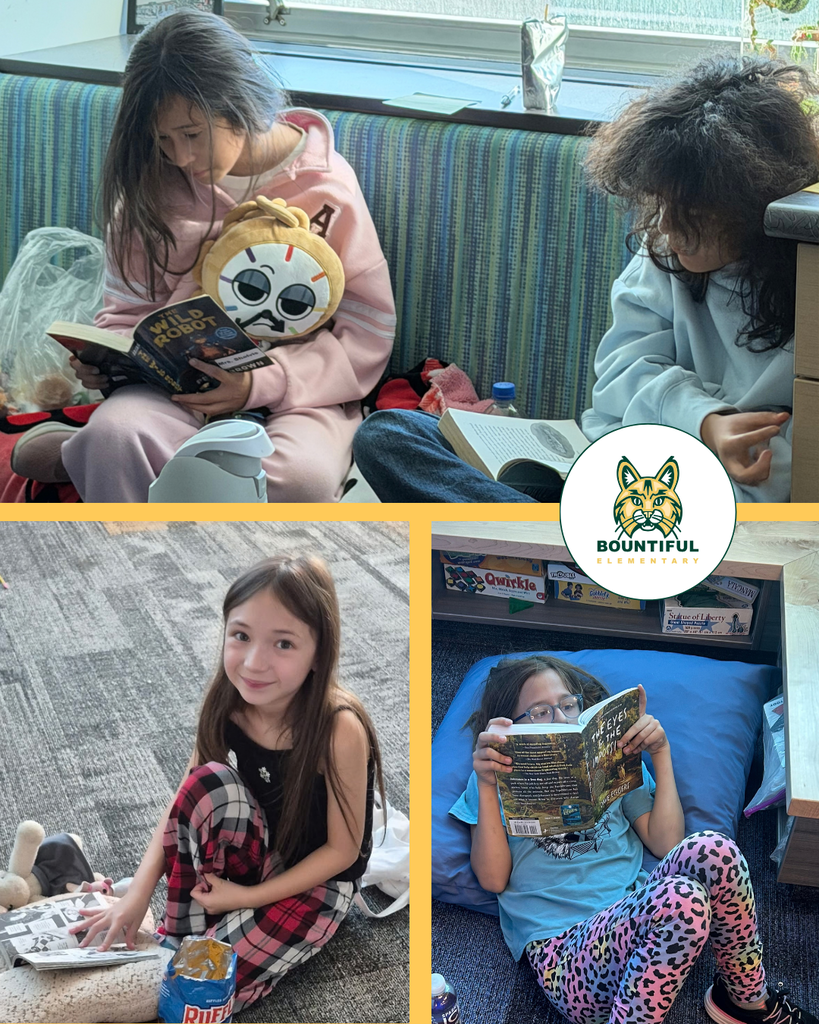 Bountiful Elementary students enjoy books during the Utah Reads read-a-thon, reading together on a window bench and independently on classroom pillows and the floor with blankets, stuffed animals, and snacks.