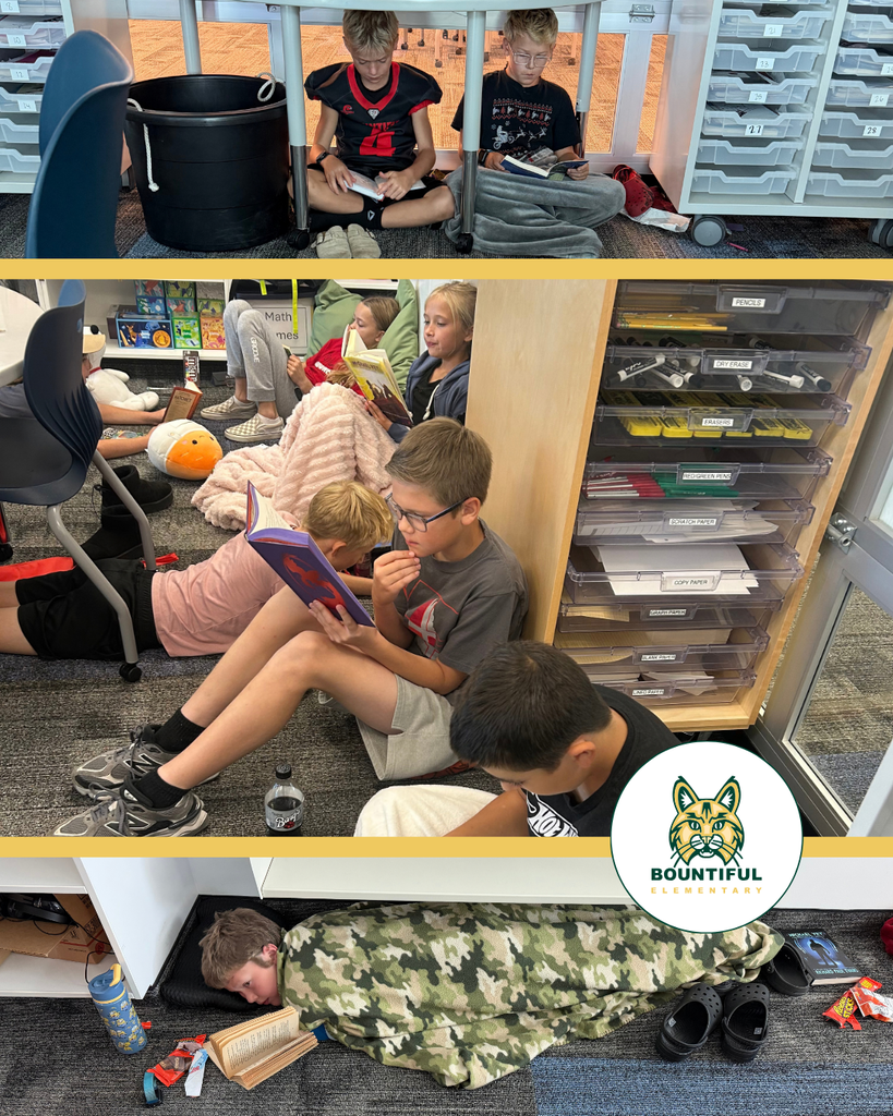 Bountiful Elementary students participate in Utah Reads by finding creative places to read, including beneath classroom tables, beside shelves, and on the floor with pillows and blankets.