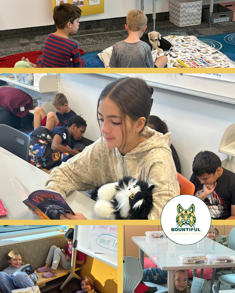 Bountiful Elementary students settle into creative reading spaces for the Utah Reads read-a-thon, reading on rugs, beneath tables, against classroom walls, and with pillows and stuffed animals.