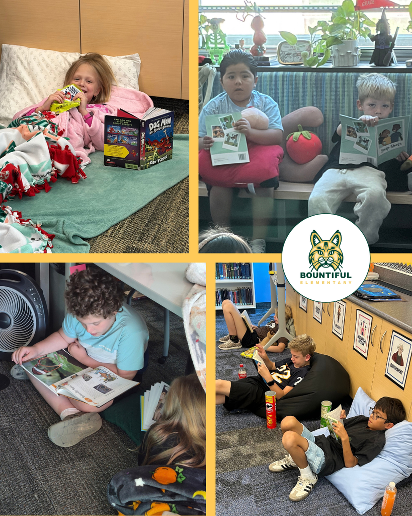Bountiful Elementary Bobcats read in cozy classroom spaces during the Utah Reads read-a-thon, including on blankets, a window bench, the floor, and beanbag seating, with books, pillows, and snacks nearby.
