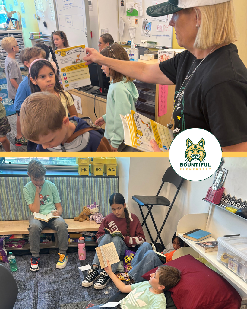A Bountiful Elementary teacher shares reading materials with students before they settle into classroom reading spots with books, pillows, stuffed animals, and snacks during the Utah Reads statewide read-a-thon.
